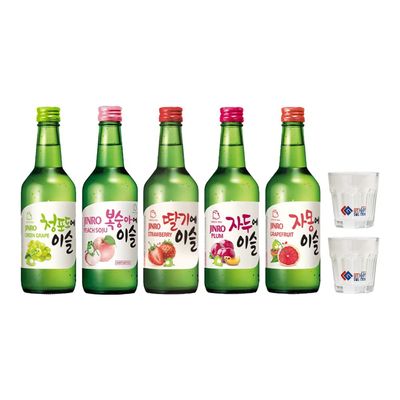 Jinro Chamisul Soju Fruity Flavours - Pack of 5 (Peach,Grapefruit, Plum, Grape, Strawberry) + 2 Soju Glass 350ml 13% Alc./Vol