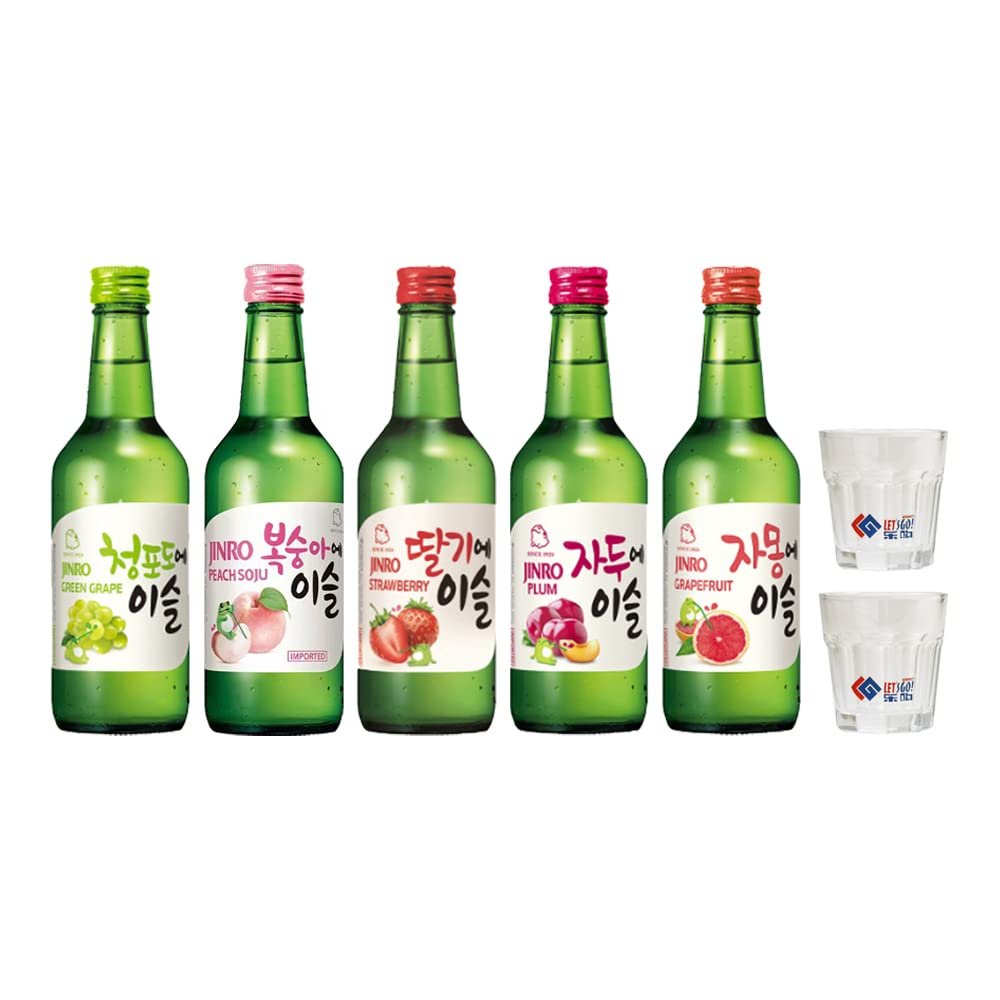 Jinro Chamisul Soju Fruity Flavours - Pack of 5 (Peach,Grapefruit, Plum, Grape, Strawberry) + 2 Soju Glass 350ml 13% Alc./Vol