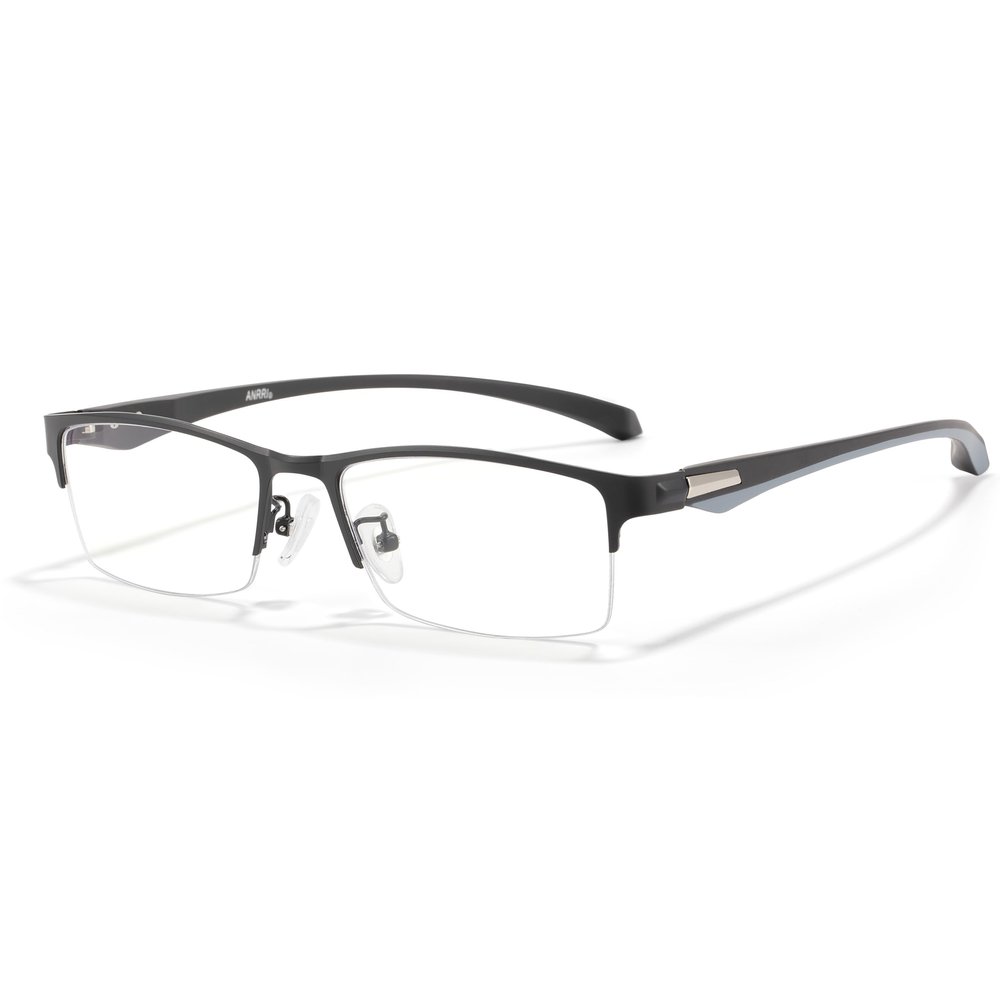 ANRRI Blue Light Glasses for Men Semi Rimless Rectangle Metal Frame UV Blocking Computer Glasses (Black, 2.00, x)