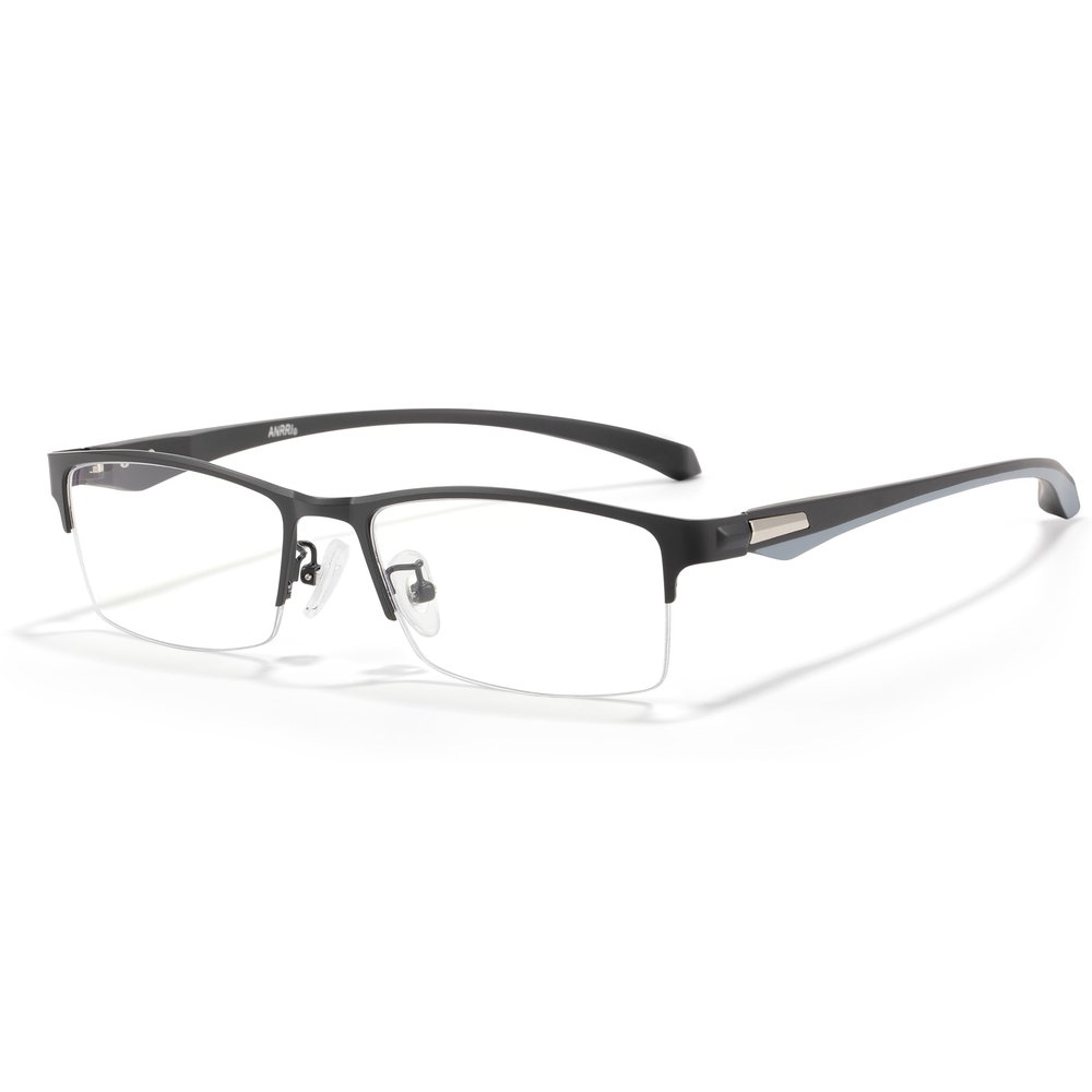 ANRRI Blue Light Glasses for Men Semi Rimless Rectangle Black Metal Frame UV Blocking Computer Glasses+2.50 Magnification
