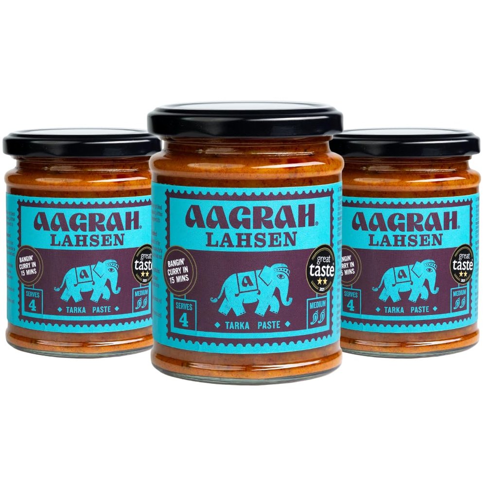 Aagrah Lahsen Indian Curry Cooking Sauce - Authentic Restaurant Recipe Tarka Base - Medium Hot - 270g Jar Serves 3-4 - (Pack of 3)