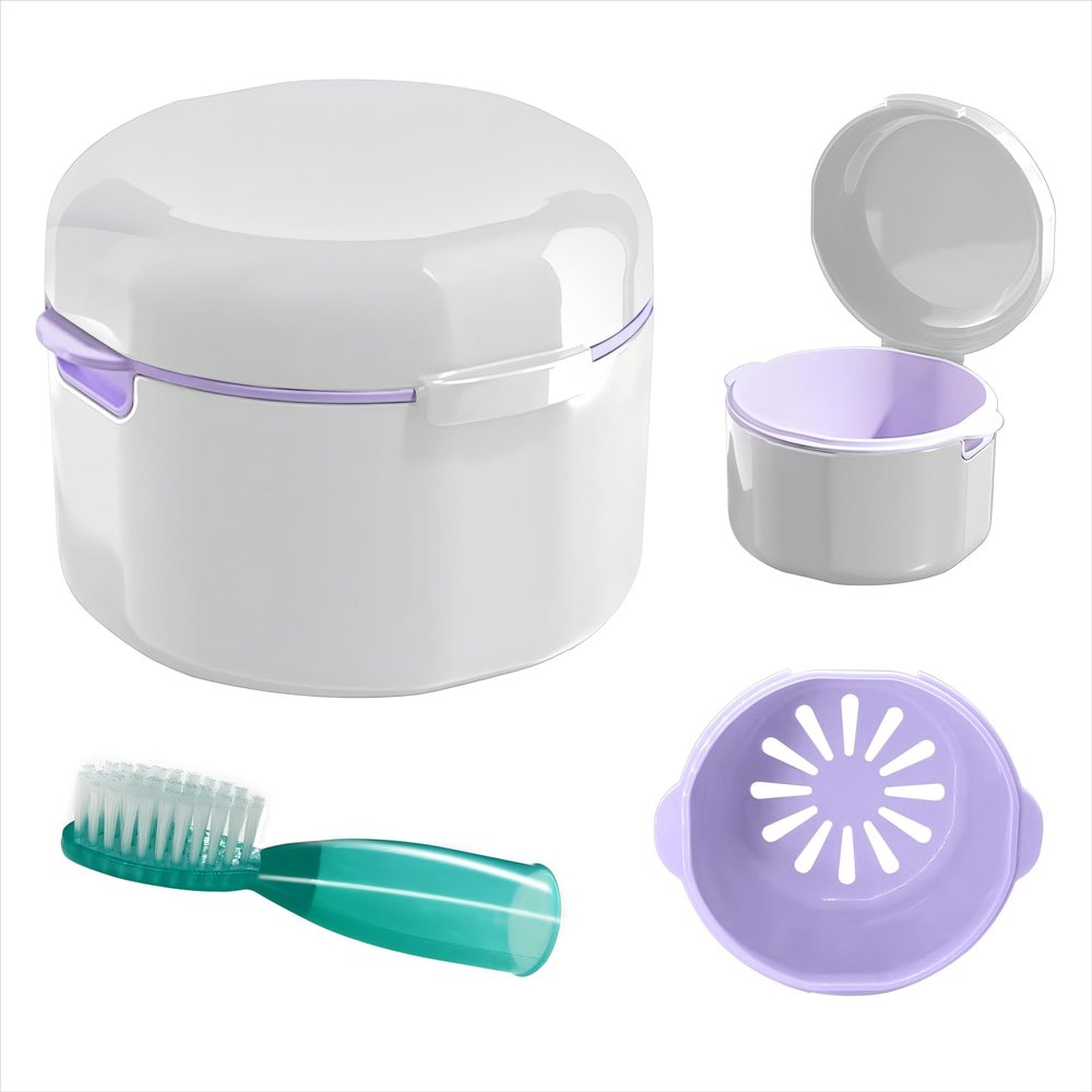 DIDATOOL Denture Cup, Denture Bath, Denture Cups for Soaking Dentures, Denture Case with Lid, Denture Bath with Rinsing Basket, Easy to Carry and Clean Retainer Case Denture Cleaning kit (White)