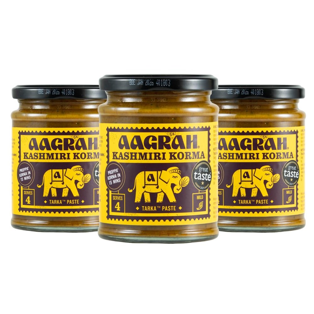 Aagrah Kashmiri Korma Indian Curry Cooking Sauce - Authentic Restaurant Recipe Tarka Base - Mild - 270g Jar Serves 3-4 - (Pack of 3)