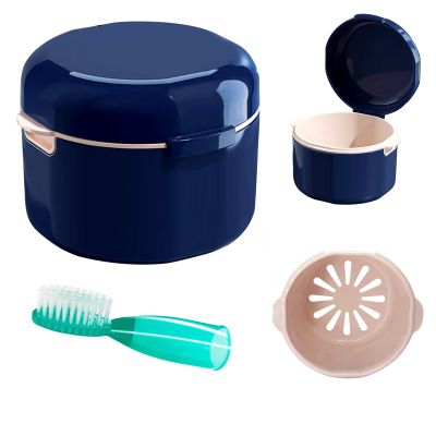 DIDATOOL Denture Cup, Denture Bath, Denture Cups for Soaking Dentures, Denture Case with Lid, Denture Bath with Rinsing Basket, Easy to Carry and Clean Retainer Case Denture Cleaning kit (Navy Blue)