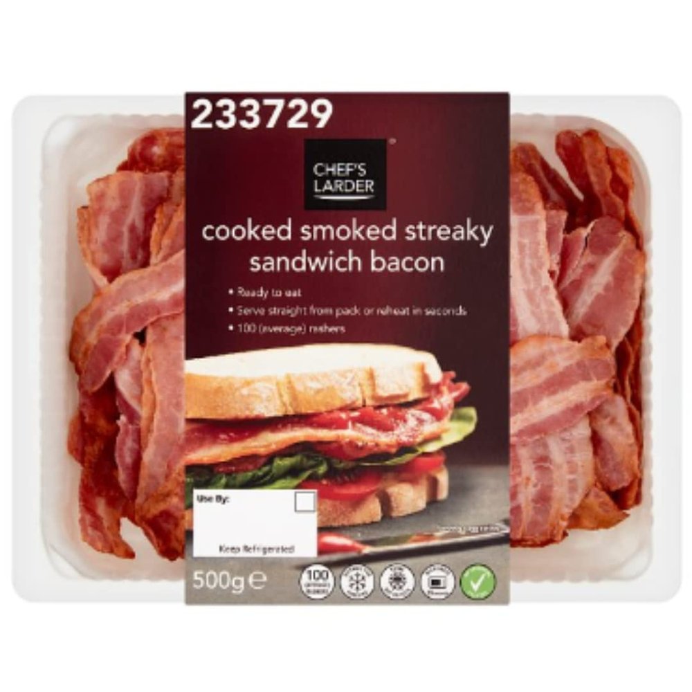 Chef's Larder Cooked Smoked Streaky Sandwich Bacon 500g x 1 | Ready-to-Eat Thinly Sliced Bacon | Breakfast & Cooking