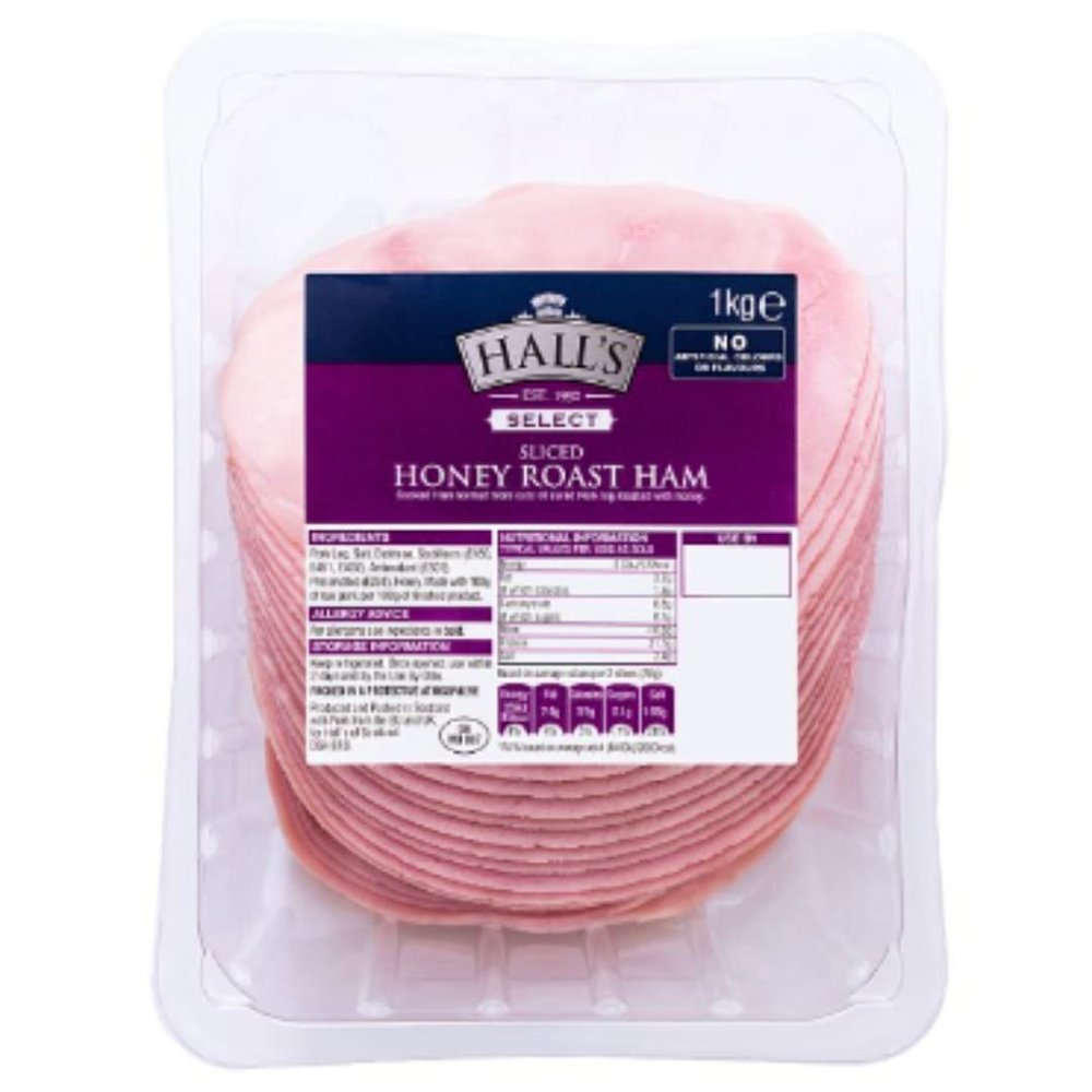 HALLS Select Sliced Honey Roast Ham 1kg x 4 | Premium British Cooked Ham | Tender, Juicy & Lightly Sweet | Ready to Eat, Ideal for Sandwiches, Salads & Catering