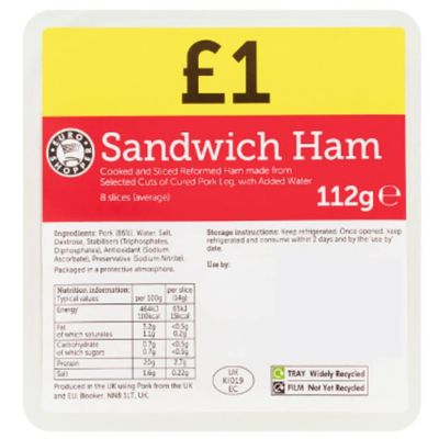 Euro Shopper Sandwich Ham 112g x 8  Pre-Sliced Cooked Ham | Ready-to-Eat Cold Cuts for Sandwiches, Snacks & Lunches | Convenient Pack of 8, Premium Deli Meat