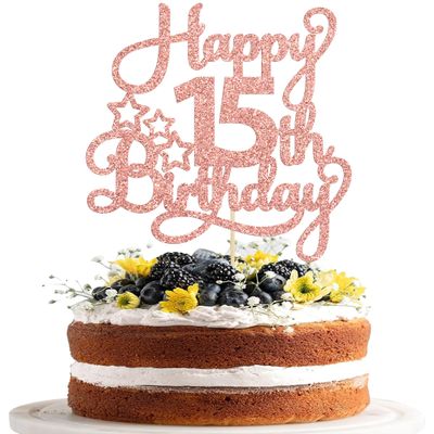 1 Pack Happy 15th Birthday Cake Topper Rose Gold Glitter Mis Quince 15 Cheers to 15 Years Old Birthday Cake Pick for Celebrating 15th Birthday Anniversary Party Cake Decorations Supplies