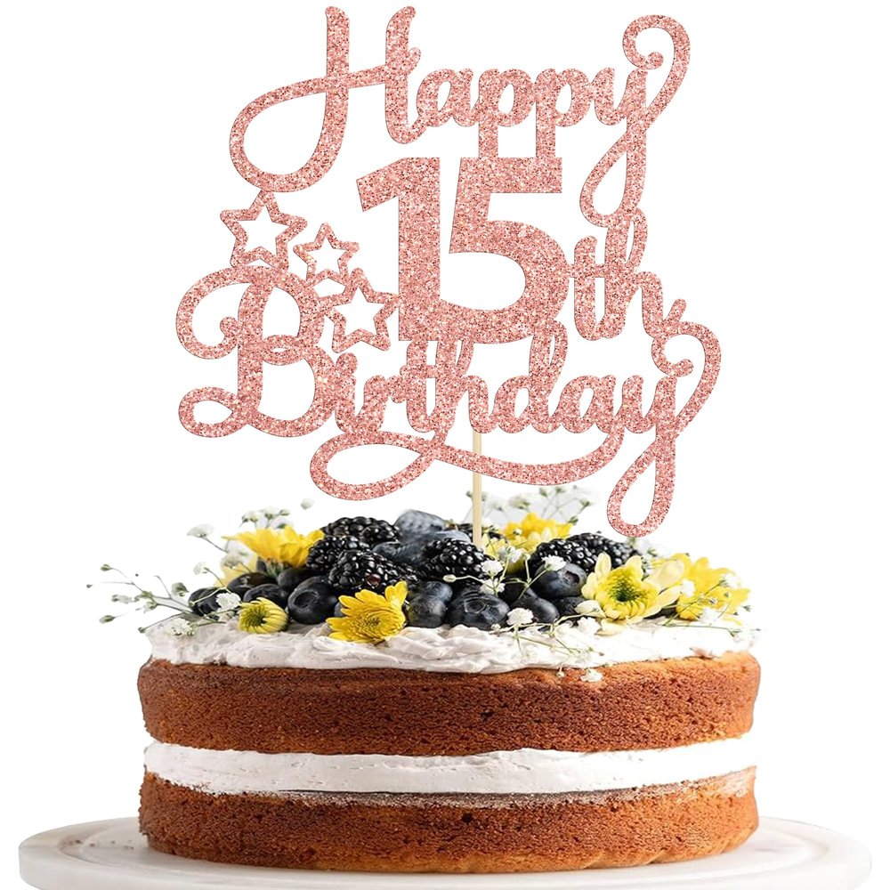 1 Pack Happy 15th Birthday Cake Topper Rose Gold Glitter Mis Quince 15 Cheers to 15 Years Old Birthday Cake Pick for Celebrating 15th Birthday Anniversary Party Cake Decorations Supplies