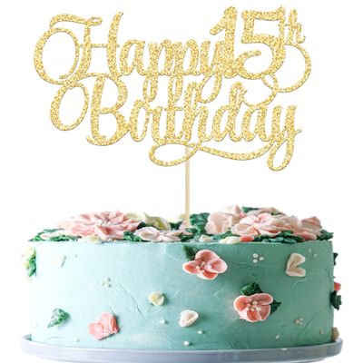 1 Pack Happy 15th Birthday Cake Topper Glitter Number 15 Fifteen Years Old Birthday Cake Pick Decoration for 15th Birthday Celebrating Anniversary Party Supplies Gold