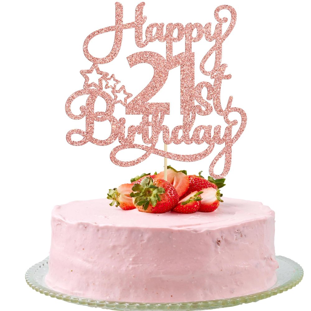 1 Pack Happy 21st Birthday Cake Topper - Rose Gold Glitter '21 & Fabulous' - Cheers to 21 Years Old Cake Pick for Celebrating Anniversary Party Decorations Supplies