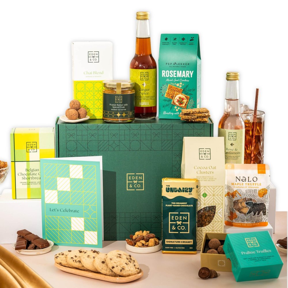 Vegan Hamper with Truffles & Hot Chocolate Set, Congratulations Gift Hamper Her by EDEN & CO