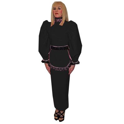 High Collar Solid PVC Dress Sissy Sleeve Maxi Dress Big Size Ankle Length Dress French Maid Dress,Black,5XL