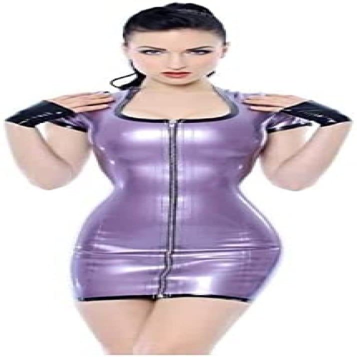 with Black Latex Dress Front 2-Way Zip Short Sleeve Latex Rubber Party Dress,As It,L