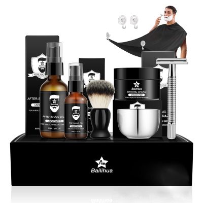 AN BAILIHUA Shaving Kit for Men, Include Cream, Pre Shave Oil, Aftershave Balm Tool, Brush & Bowl, Apron Bib Gift Sets him Boyfriend Stocking Fillers (Unscented), 1.0 count