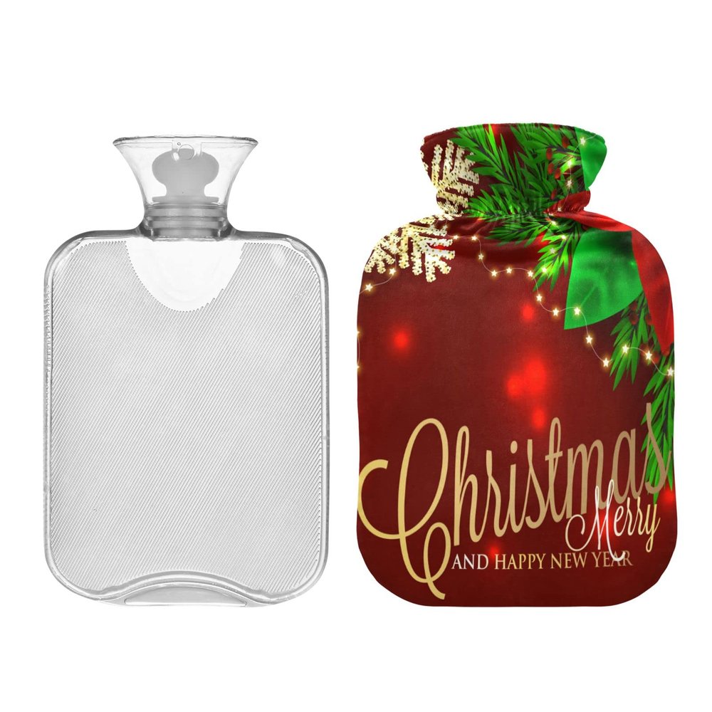 Merry Christmas 2 Liters Hot Water Bottle with Cover, Transparent Hot Water Bag for Neck and Shoulder Pain Relief Hand Feet Hot Therapy