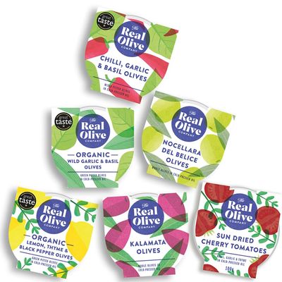 Real Olive Co | Mediterranean Mixed Olives & Antipasti 1kg | Organic Kalamata & Nocellara olives with wild garlic & basil, lemon thyme & black pepper, plus chilli garlic and sun-dried cherry tomatoes