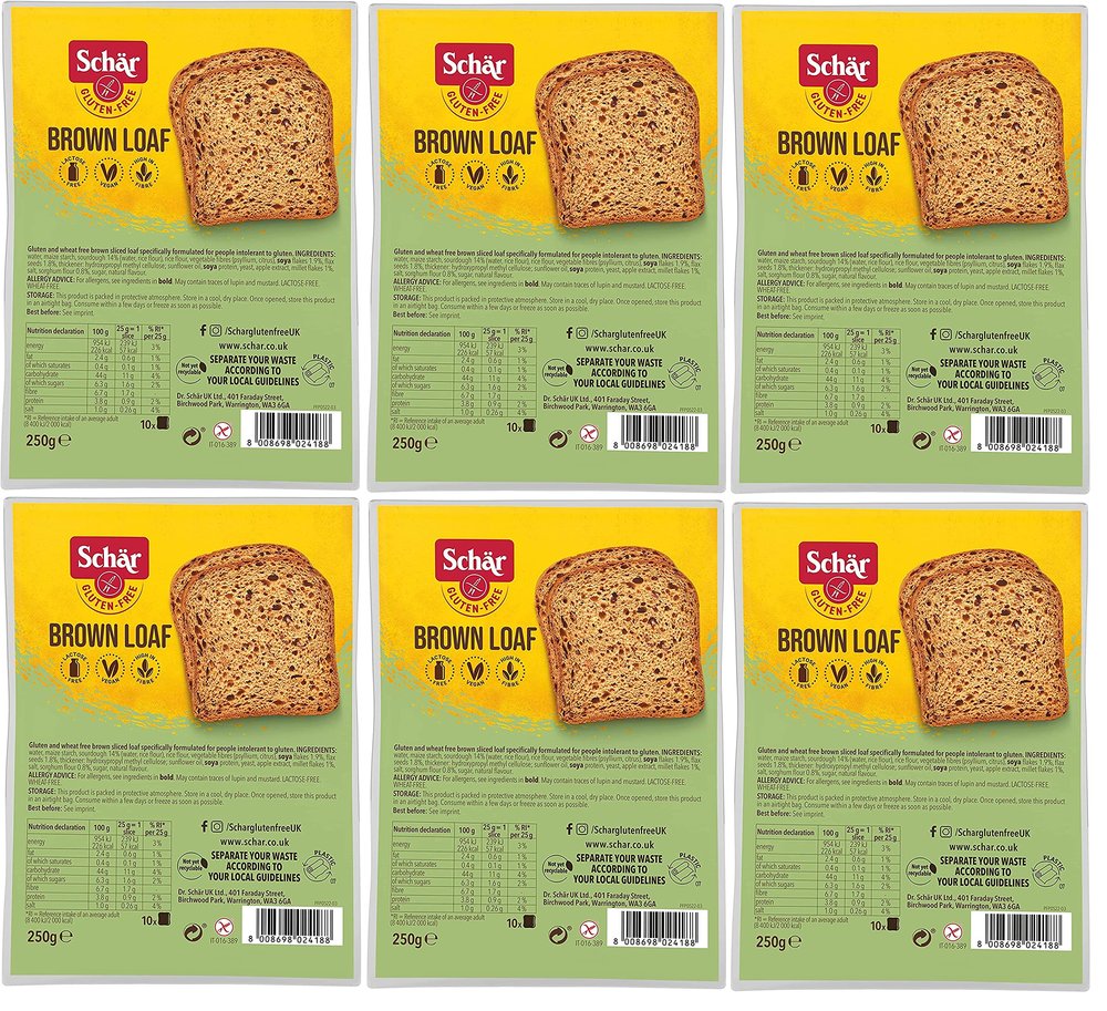 Schr Gluten Free Vegan Brown Loaf Bread (250g) Pack of Six