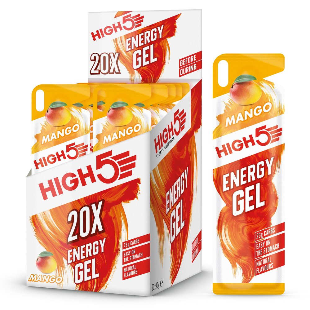 HIGH5 Energy Gels Cycling - Sports Nutrition for Quick Muscle Energy - Natural Fruit Juice & Caffeine-Free - Instant Fuel Gel for Cycling, Running Snacks, Mountain Fuel Gels (Mango, 20 x 40g)