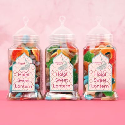 Peacock Supplies Halal Sweet Lantern Jar - 3 Pack x 330ml | Gummy & Jelly Sweets Selection | Contains Beef Gelatin | Perfect Eid or Ramadan Gift or Treat for Adults & Kids | Acrylic Lantern-Shaped Tub
