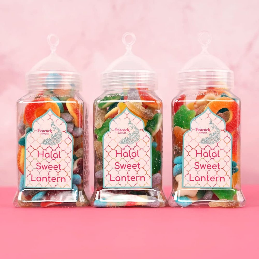 Peacock Supplies Halal Sweet Lantern Jar - 3 Pack x 330ml | Gummy & Jelly Sweets Selection | Contains Beef Gelatin | Perfect Eid or Ramadan Gift or Treat for Adults & Kids | Acrylic Lantern-Shaped Tub