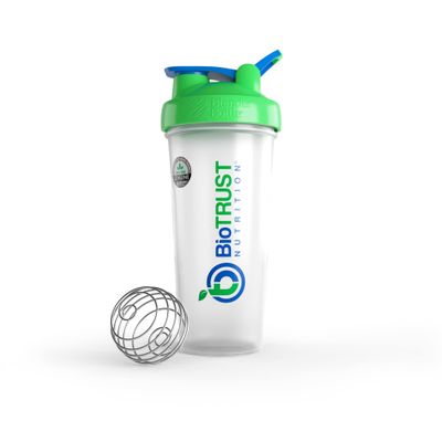 BioTrust BlenderBottle Classic Shaker Bottle, 28-Ounce with loop, Clear/Green