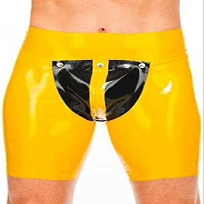 Yellow and Black Sexy Latex Boxer Shorts Open Back Rubber Underwear,Rose Red with Black,S