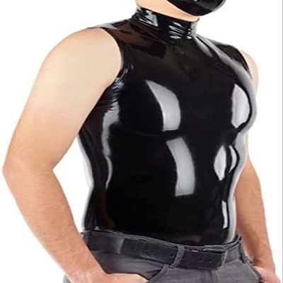 Black Latex Vest Top Shirt Stand-Up Collar Sleeveless Costume Male Tops,Yellow,3XL