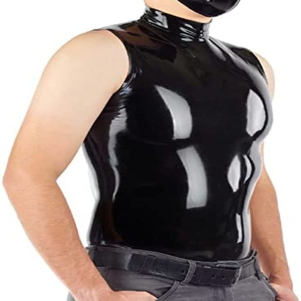 Black Latex Vest Top Shirt Stand-Up Collar Sleeveless Costume Male Tops,Yellow,3XL