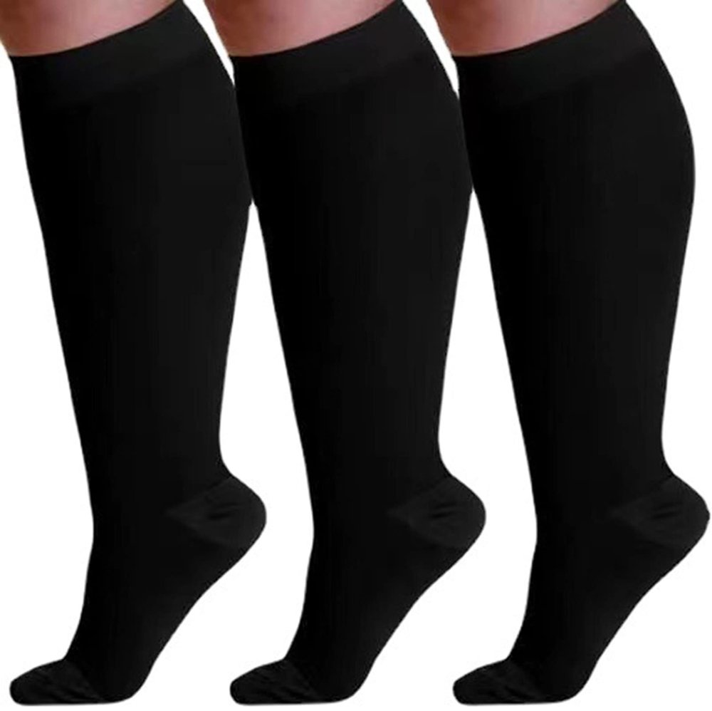 Cheeroyal 3 Pack Plus Size Compression Socks for Women and Men, 20-30mmhg Extra Large Wide Calf Knee High Stockings for Circulation Support (7XL, black)