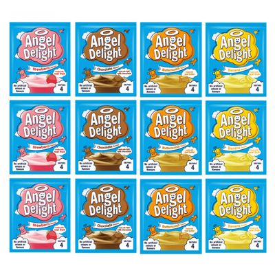 Angel Delight Multipack of 12-3x Angel Delight Strawberry Mousse, 3x Banana Angel Delight, 3x Chocolate Mousse and 3x Angel Delight Butterscotch Flavour - Bulk Buy makes 48 Servings
