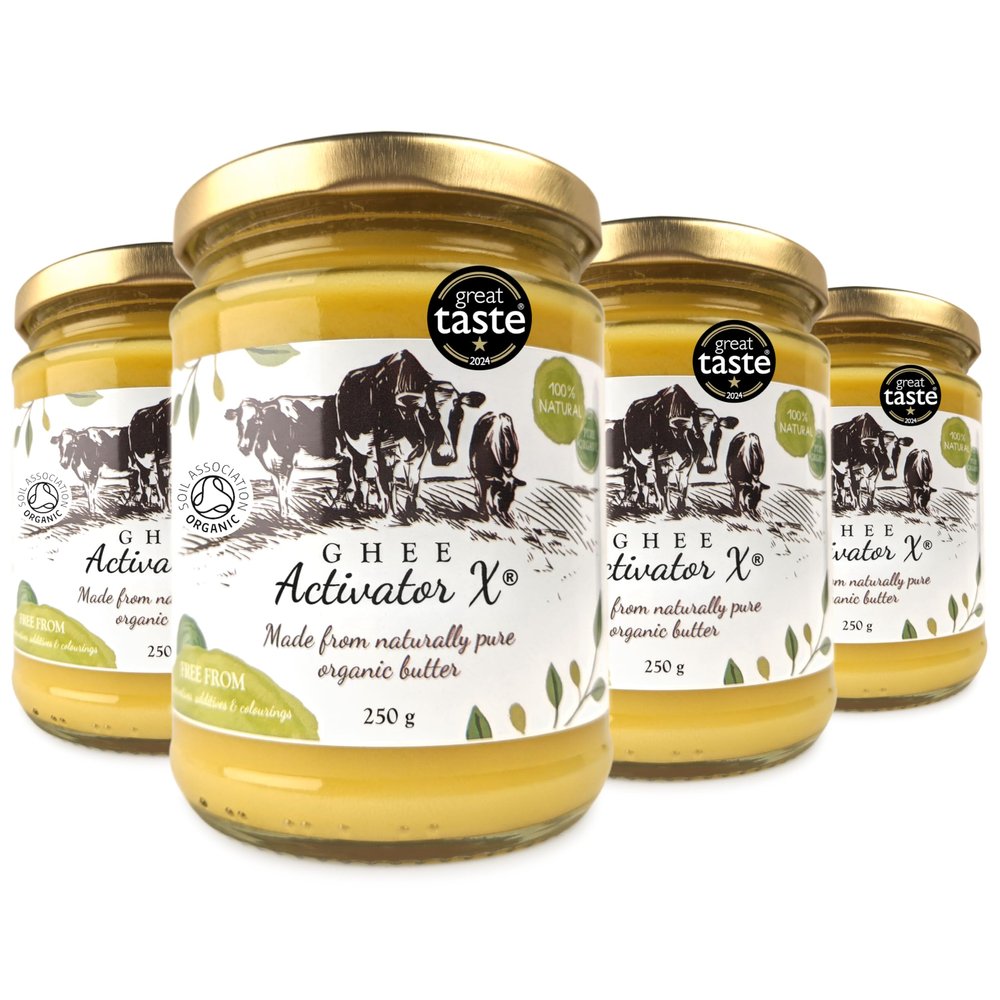 Organic Ghee 1000g (4 x 250g Pack) | Free Range, Grass Fed English Butter | Certified Organic Clarified Ayurveda | Activator X: Rich in Vitamin A, D3, E, K2 | Vegetarian