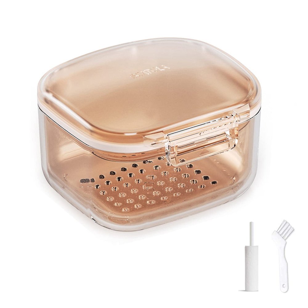 NOBONU Retainer Case, Large Denture Case with Lid, Upgrade 3 Layer Design Denture Baths & Mouth Guard Container, Personal Orthodontic Supplies for Storage/Washing/Soaking,Orange