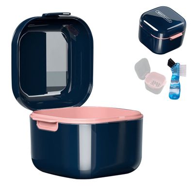 NOBONU Denture Case Kit with Strainer, Large Retainer Cleaner Case with Lid Hinge, Storage Soak Container, Orthodontic Dental Retainer Box for Household Office Travel,Blue