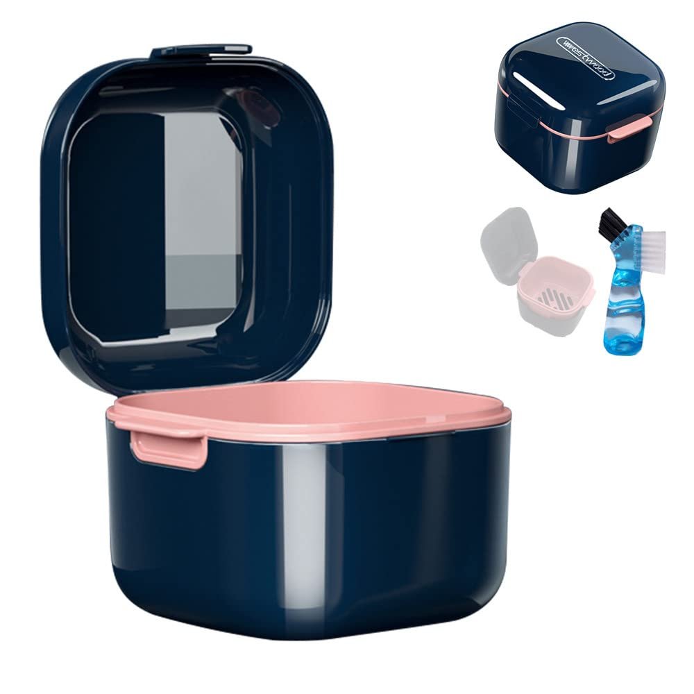 NOBONU Denture Case Kit with Strainer, Large Retainer Cleaner Case with Lid Hinge, Storage Soak Container, Orthodontic Dental Retainer Box for Household Office Travel,Blue