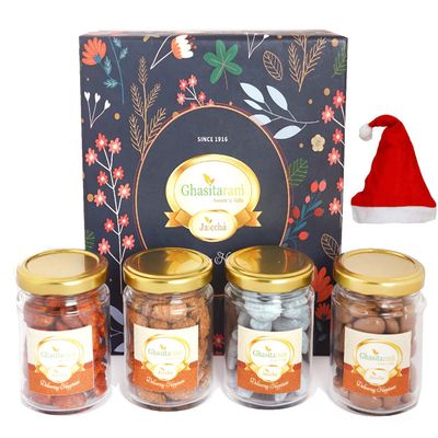 Ghasitaram Gifts Jaiccha Christmas Gifts Hamper Box with 4 Jars Of Flavoured Nuts
