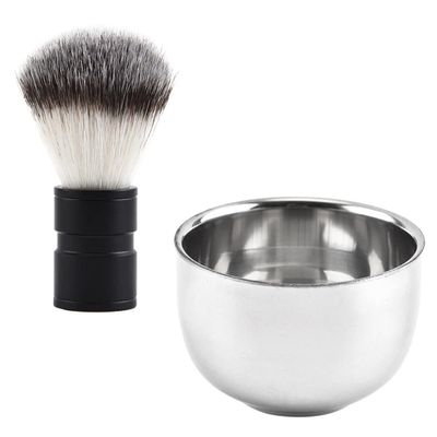 Beavorty 2pcs Men Shaving Brush Stainless Steel Beard Brush Metal Shaving Mug Soap Bowl for Wet Shave Routine