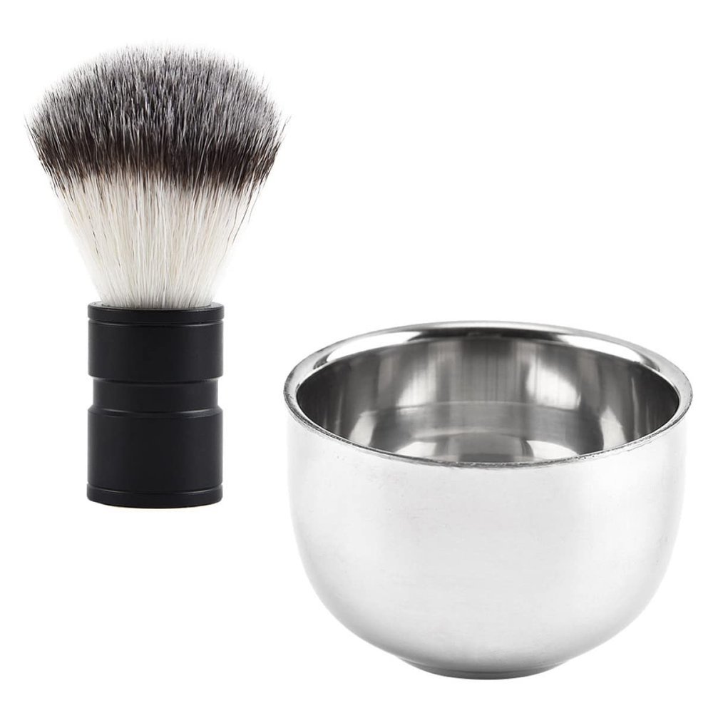 Beavorty 2pcs Men Shaving Brush Stainless Steel Beard Brush Metal Shaving Mug Soap Bowl for Wet Shave Routine