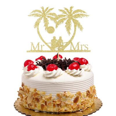 Mr & Mrs Cake Topper Tropical Wedding Cake Decorations Palm Tree Hawaii Beach Sunrise and Sunset Wedding Party Supplies Bride & Groom Travel Cake Toppers Gold Glitter