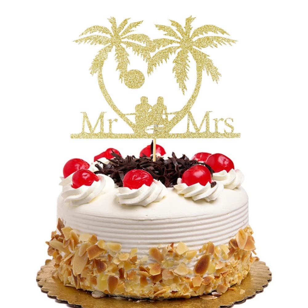 Mr & Mrs Cake Topper Tropical Wedding Cake Decorations Palm Tree Hawaii Beach Sunrise and Sunset Wedding Party Supplies Bride & Groom Travel Cake Toppers Gold Glitter