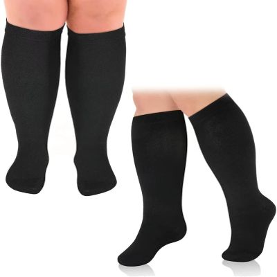 Cheeroyal 2 Pack Plus Size Compression Socks for Women and Men, 20-30mmhg Extra Large Wide Calf Knee High Stockings for Circulation Support (6XL-2pcs, black)