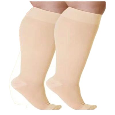Cheeroyal 2 Pack Plus Size Compression Socks for Women and Men, 20-30mmhg Extra Large Wide Calf Knee High Stockings for Circulation Support (7XL-2pcs, skin)