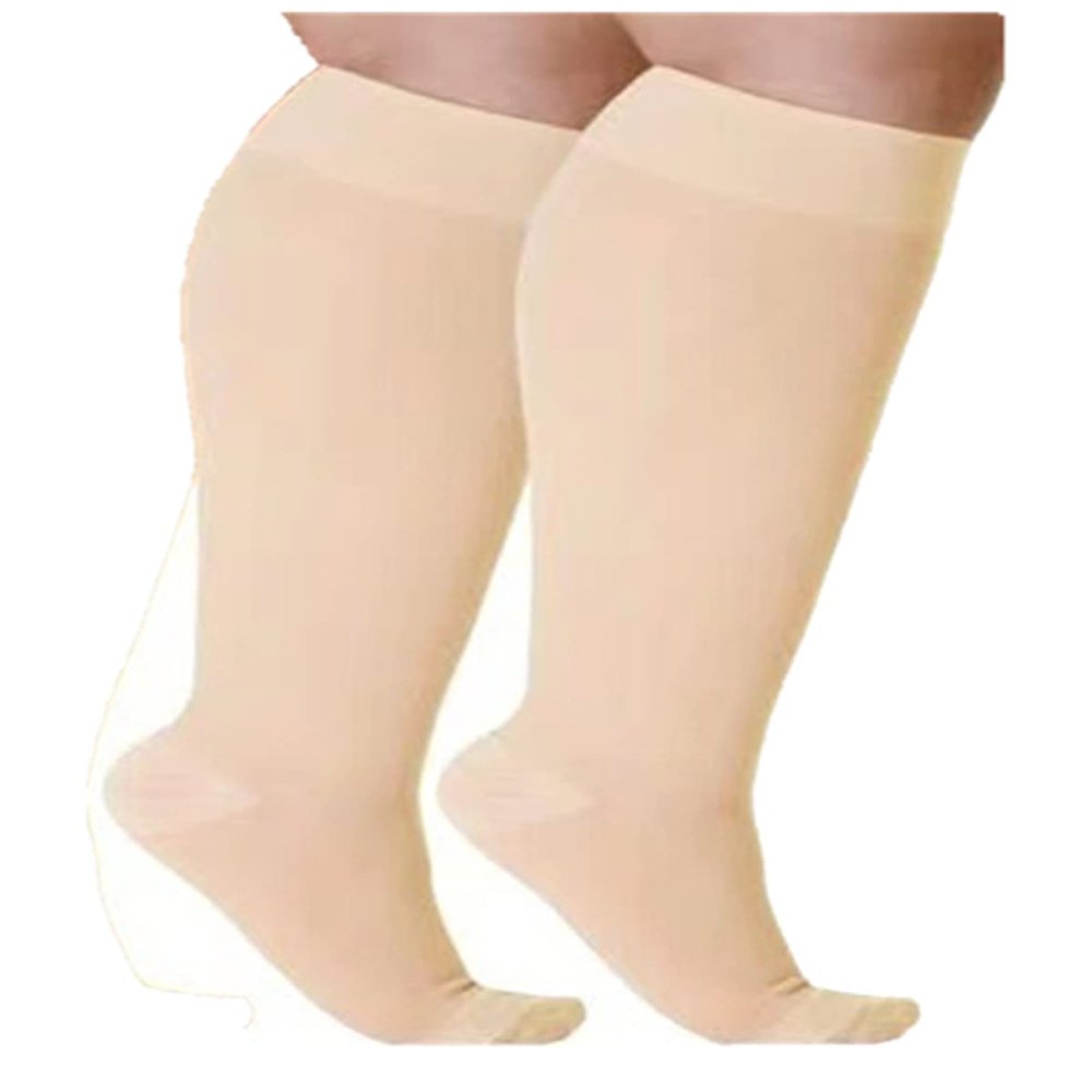 Cheeroyal 2 Pack Plus Size Compression Socks for Women and Men, 20-30mmhg Extra Large Wide Calf Knee High Stockings for Circulation Support (7XL-2pcs, skin)