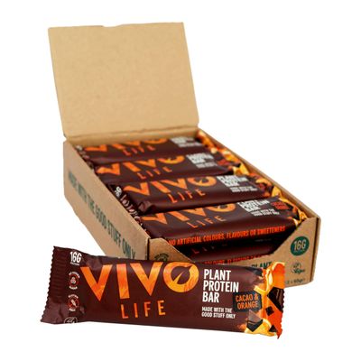 Vivo life Plant Protein Bars - High Protein, Nutrient dense, Slow Release Energy - 12 x 65g Pack (Cacao Orange)