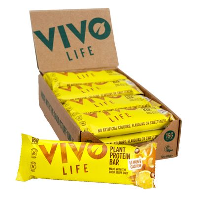Vivo life Plant Protein Bars - High Protein, Nutrient dense, Slow Release Energy - 12 x 65g Pack (Lemon and Cashew)
