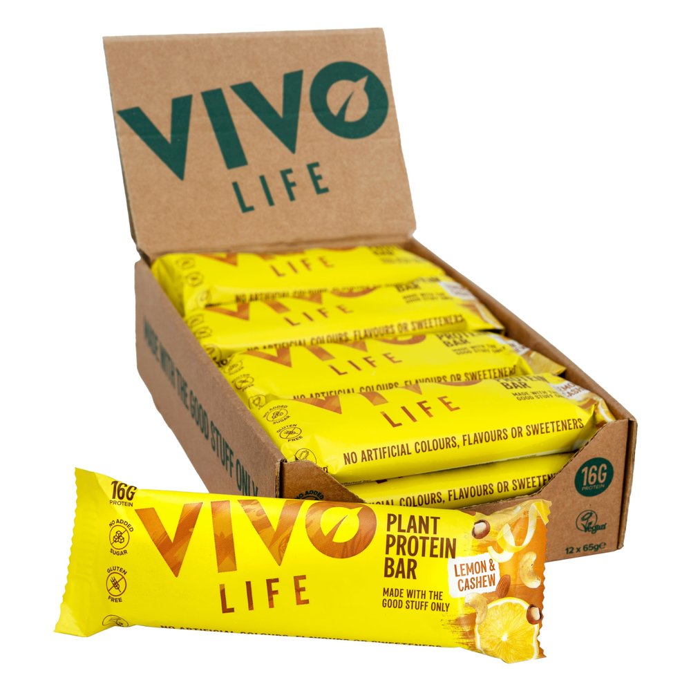 Vivo life Plant Protein Bars - High Protein, Nutrient dense, Slow Release Energy - 12 x 65g Pack (Lemon and Cashew)