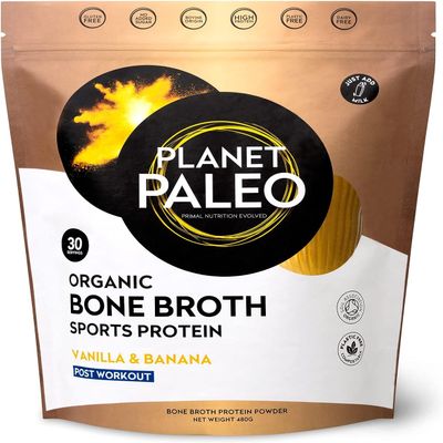 Planet Paleo Organic Bone Broth Sports Protein Powder (480g, 30 Servings) Vanilla & Banana, Grass-Fed, Collagen, High Protein Post-Workout Recovery Drink