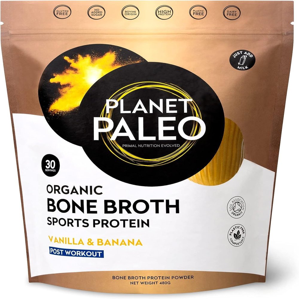 Planet Paleo Organic Bone Broth Sports Protein Powder (480g, 30 Servings) Vanilla & Banana, Grass-Fed, Collagen, High Protein Post-Workout Recovery Drink