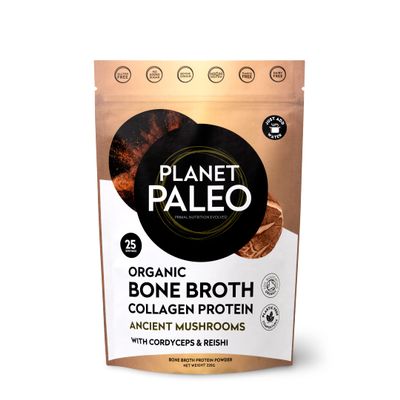 Planet Paleo Organic Bone Broth - Ancient Mushrooms (225g, 25 Servings) - Organic, Grass Fed, High Protein, with Reishi, Cordyceps, Lion's Mane and Shiitake - Adaptogens for Healthy Defences