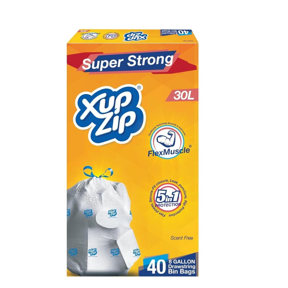 XupZip Drawstring Bin Bags 30L Heavy-Duty Bin Liners Bags with Secure-Fit Closure Strong Flex-Power Trash Bag with Leak, Puncture & Rip Protection, 2 Rolls (40 Pcs)
